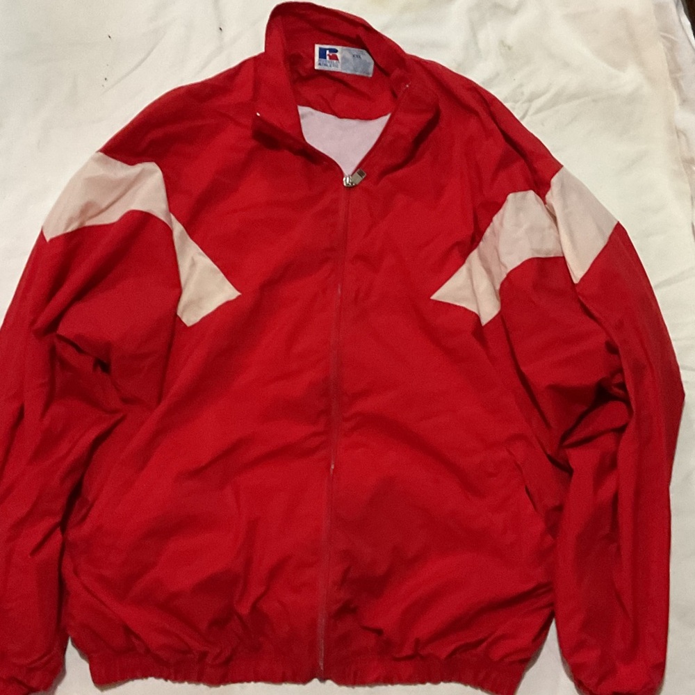 Red and White Men's vintage Russell athletic jacket size 2XL